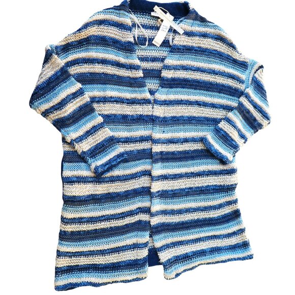 Lovestitch Long Cardigan Open Front OOAK Striped Blue Gold Metallic Drop Sleeve - Picture 7 of 12